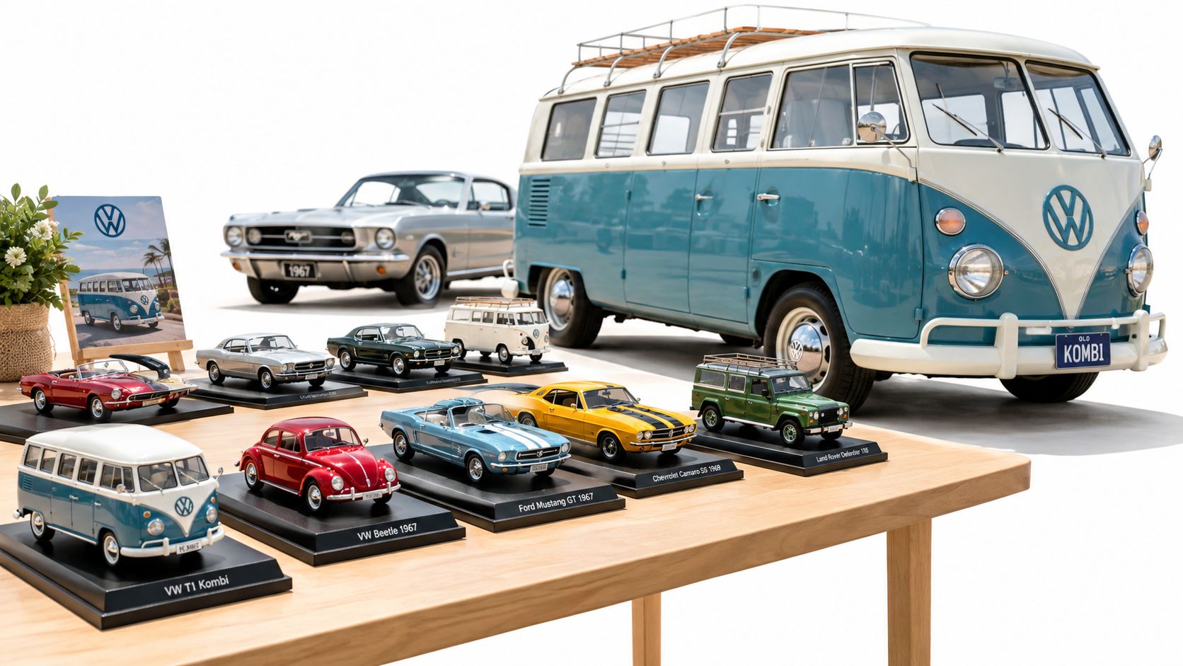 A collection of assorted diecast model cars displayed on a wooden table next to a large model van.