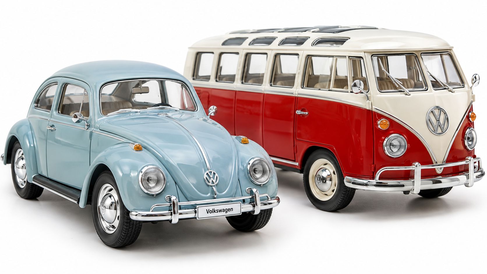 A light blue Volkswagen Beetle next to a red and white Volkswagen Type 2 bus diecast model.