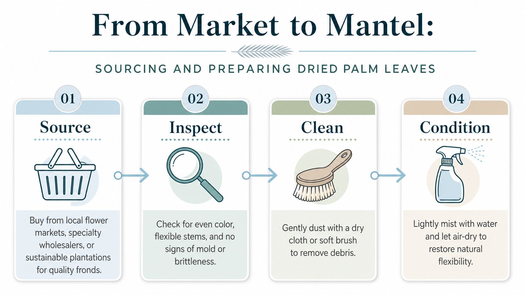 An infographic showing four steps to source, inspect, clean, and condition dried palm leaves for home decoration.