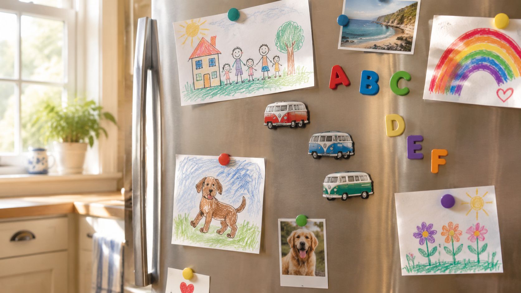 A stainless steel refrigerator door decorated with colorful children's drawings, photos, and alphabet magnets.