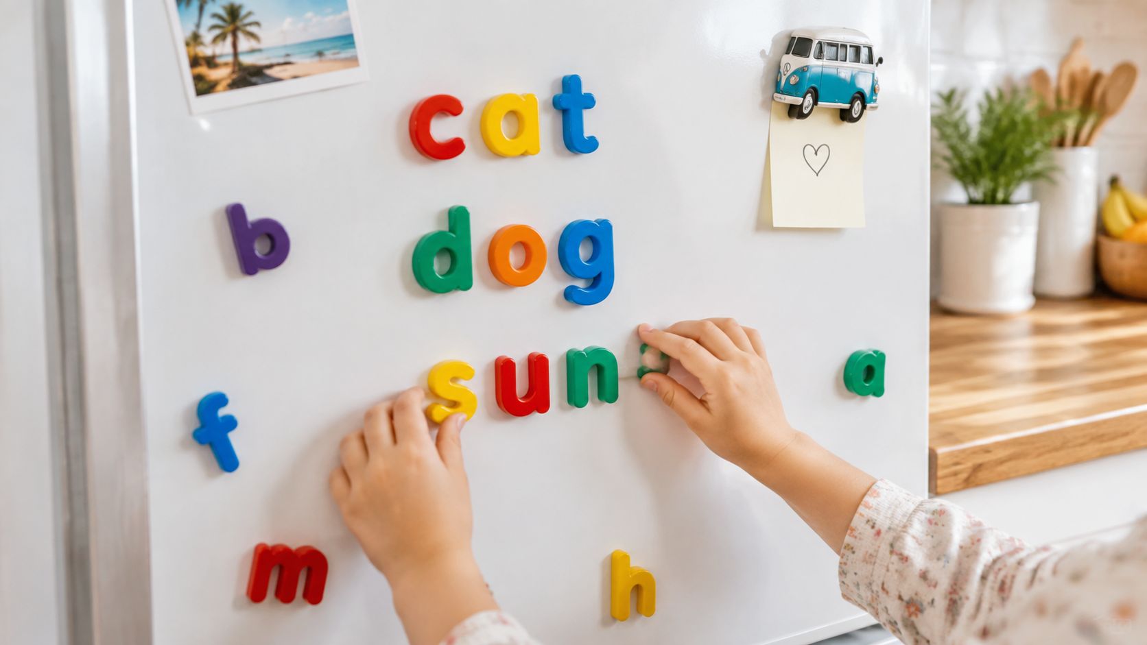 A child placing colorful plastic letter magnets on a white refrigerator to spell out simple words.