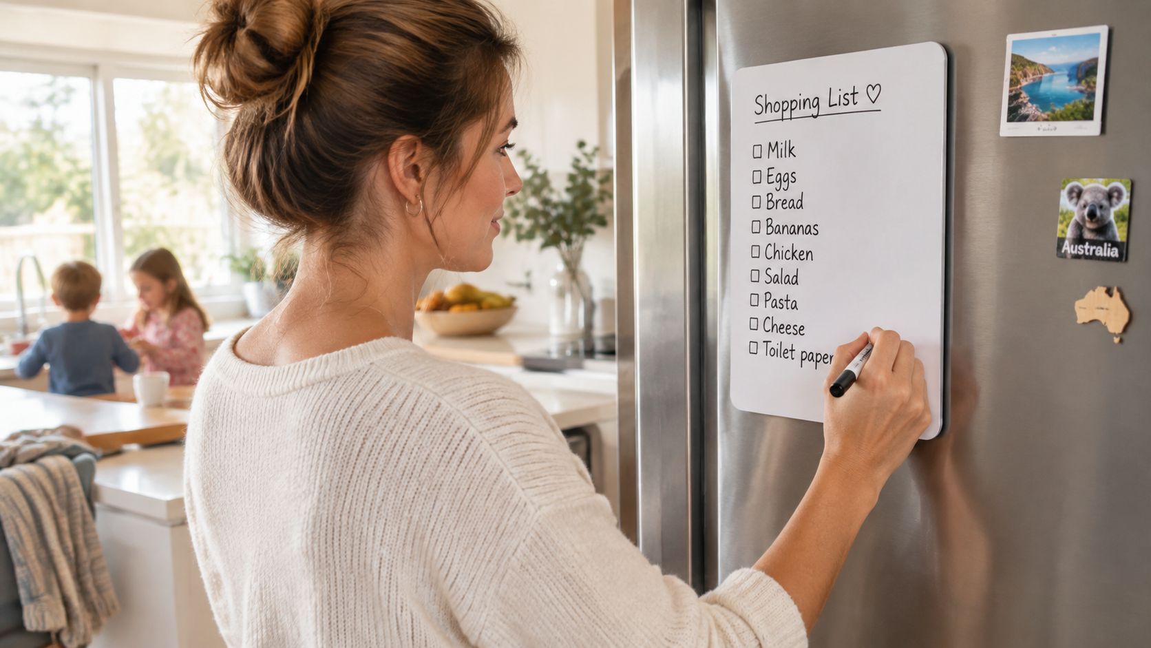 A young woman writing on a shopping list magnetic whiteboard attached to a stainless steel kitchen refrigerator.