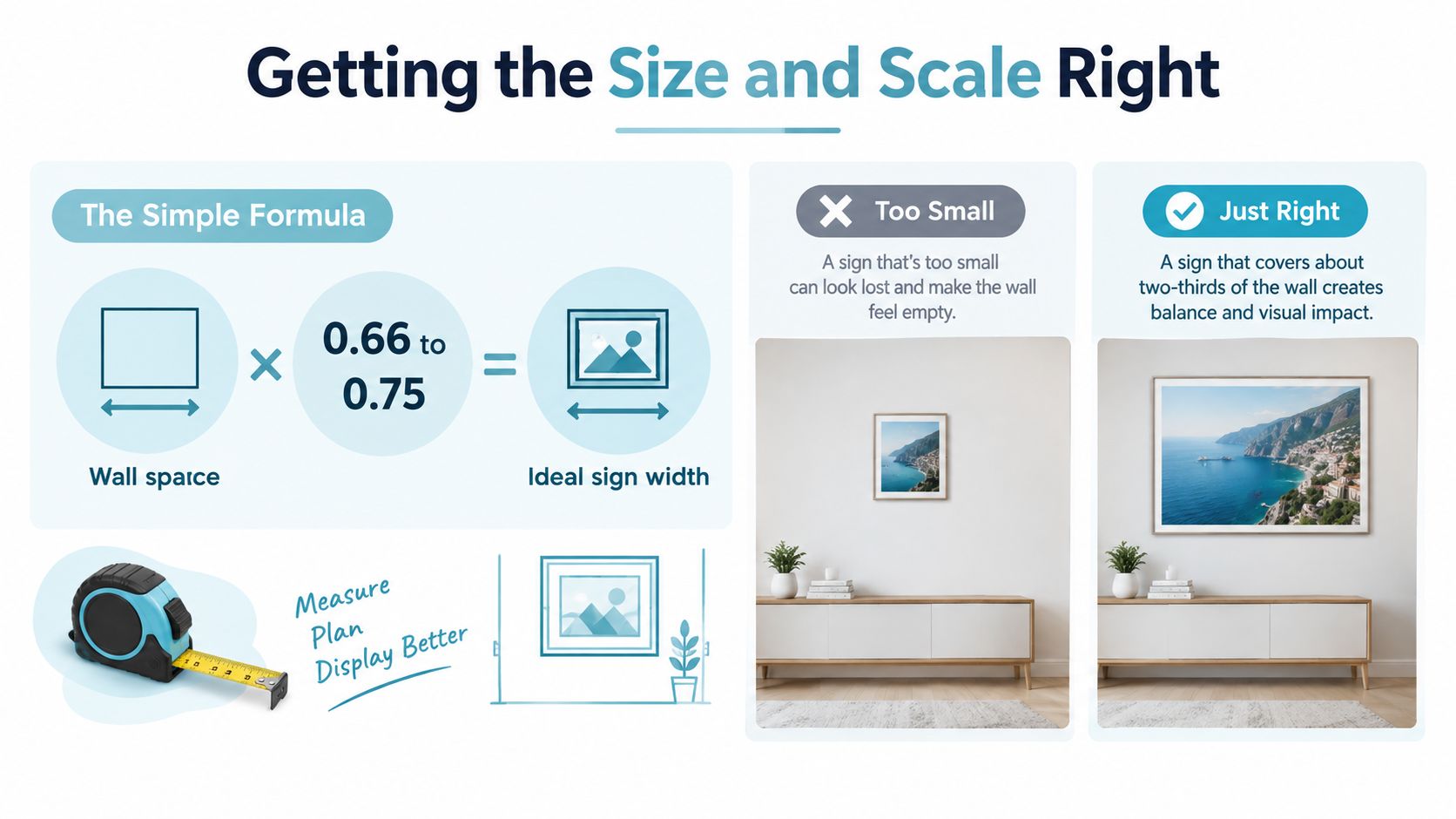 An infographic showing a formula to determine the ideal size of wall decor for proper balance.