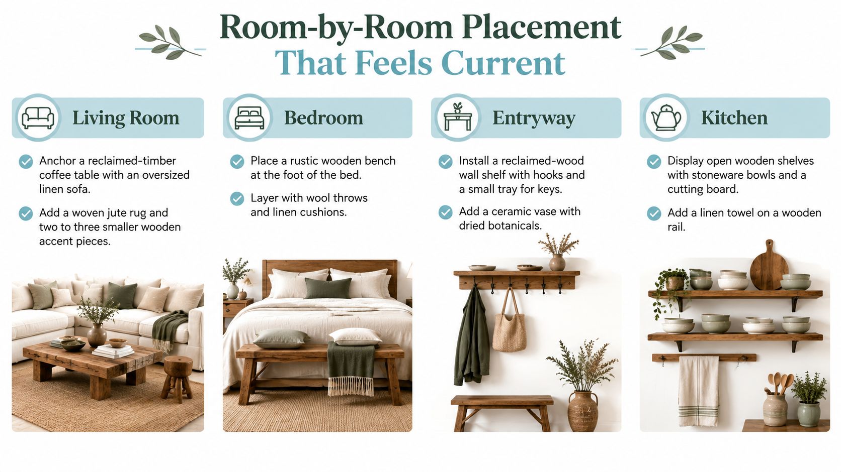 An infographic showing rustic interior design tips for living rooms, bedrooms, entryways, and kitchens with illustrative photos.