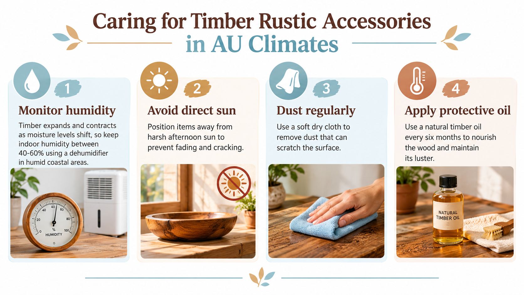 An infographic titled Caring for Timber Rustic Accessories in AU Climates, showing four numbered maintenance tips.