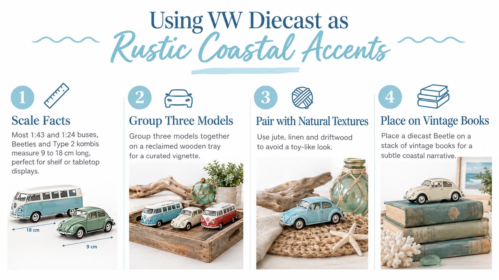 An infographic showing four steps to use Volkswagen diecast model cars as rustic coastal home decor accents.