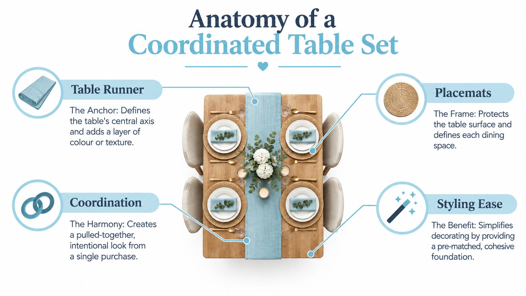 An infographic illustrating the components of a coordinated table setting with runners, placemats, and styling benefits.