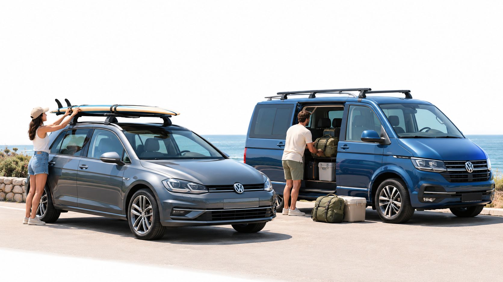 A woman and a man loading surfboards and bags onto their blue and grey Volkswagen vehicles parked outdoors.