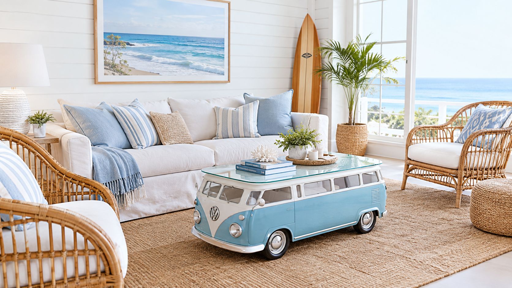 A coastal living room features a blue Volkswagen van coffee table, white sofa, and rattan furniture.