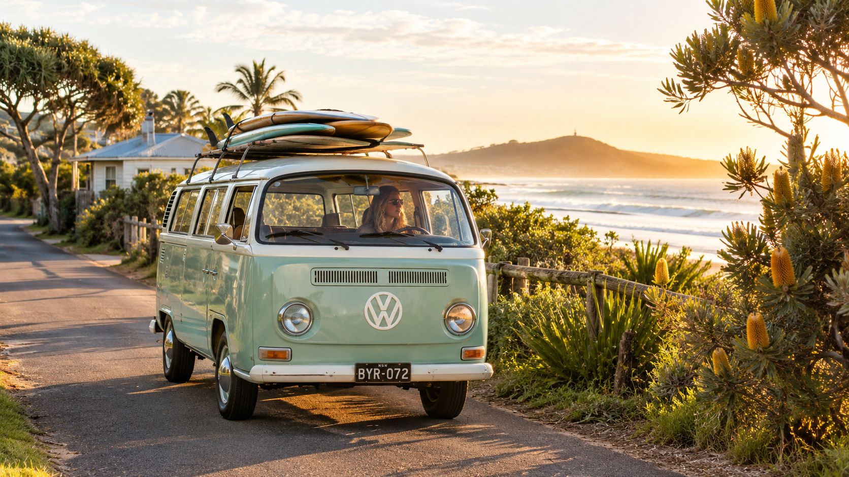 A vintage light green VW kombi van driving along a coastal road with surfboards on the roof.