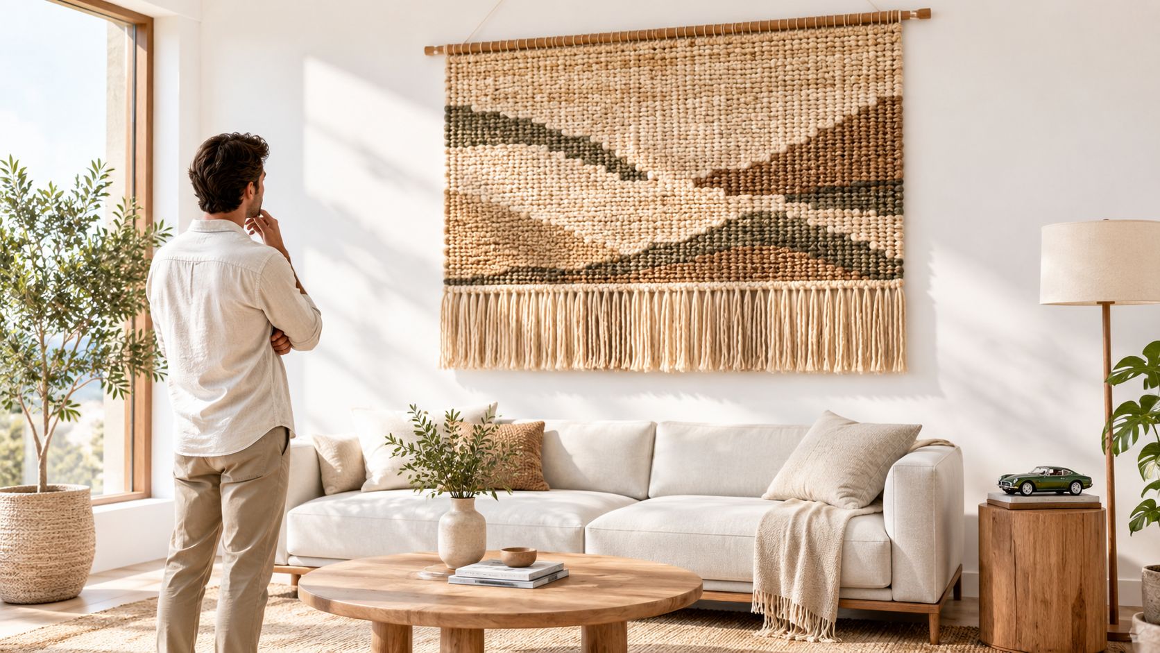A man standing in a modern living room looking at a large woven bohemian tapestry wall hanging.