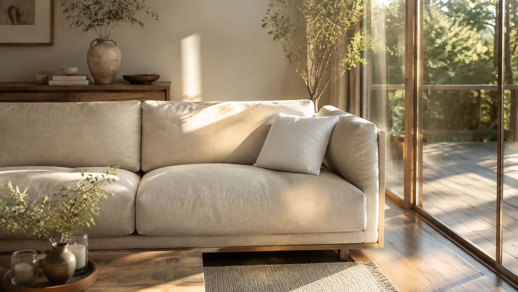 A minimalist living room featuring a cream-colored sofa with a plain white toss pillow by a sunny window.