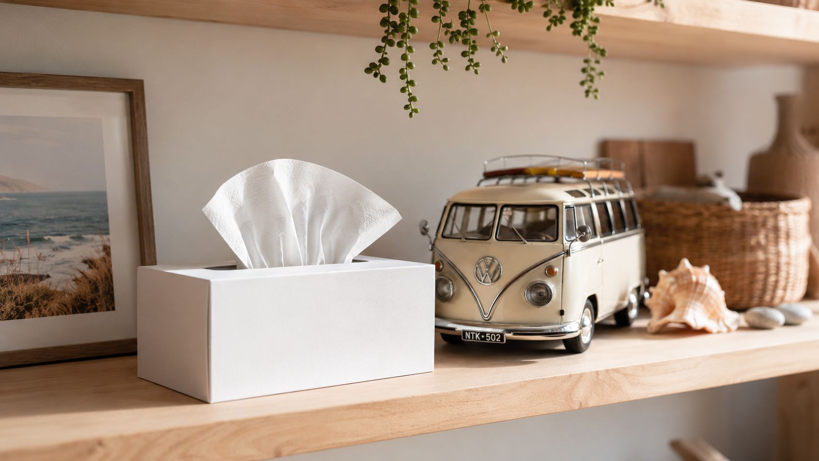 A minimalist white tissue box sitting on a wooden shelf next to a vintage Volkswagen van model.