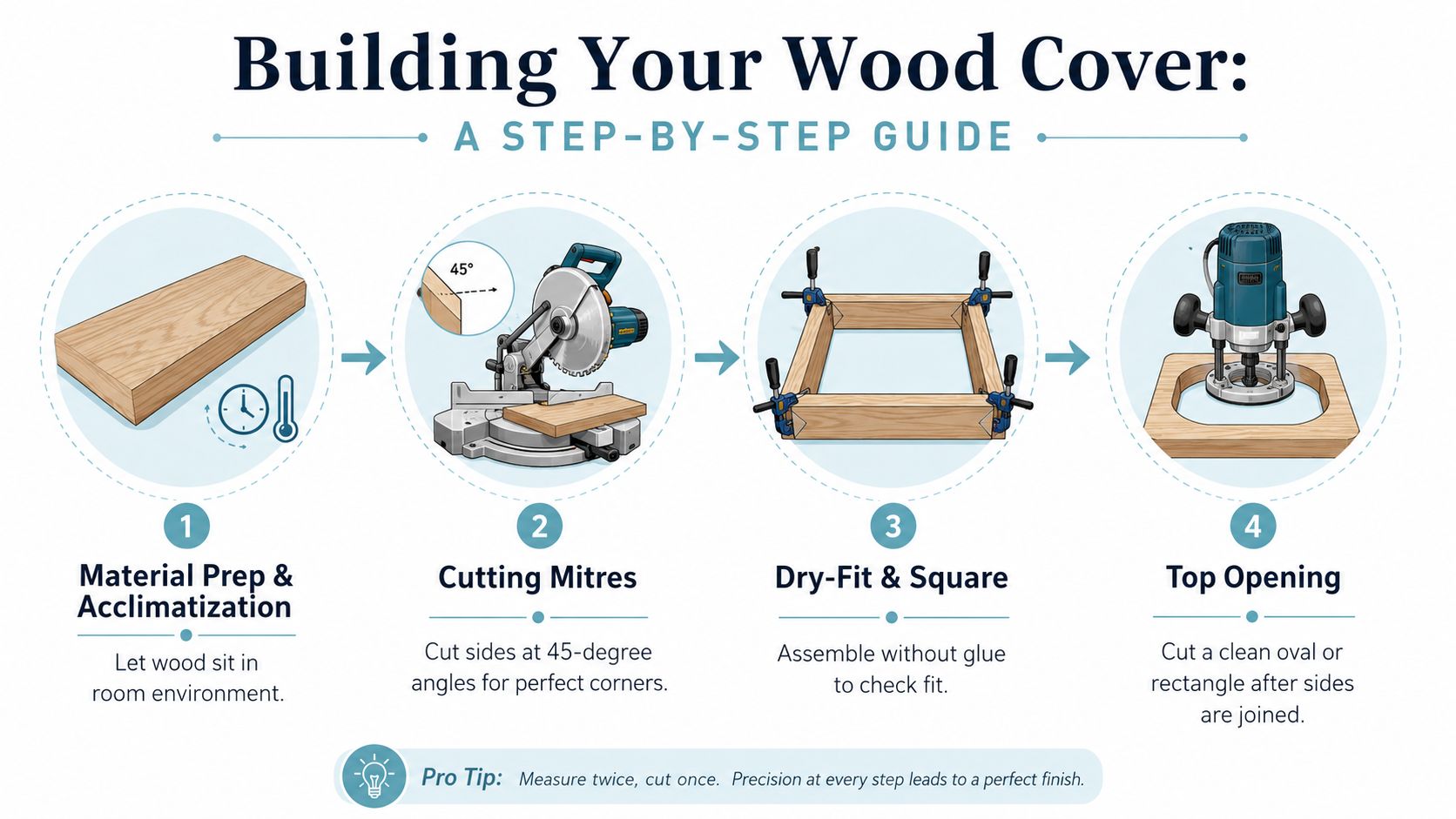 A four-step instructional infographic showing how to build a wood cover with material preparation and cutting.