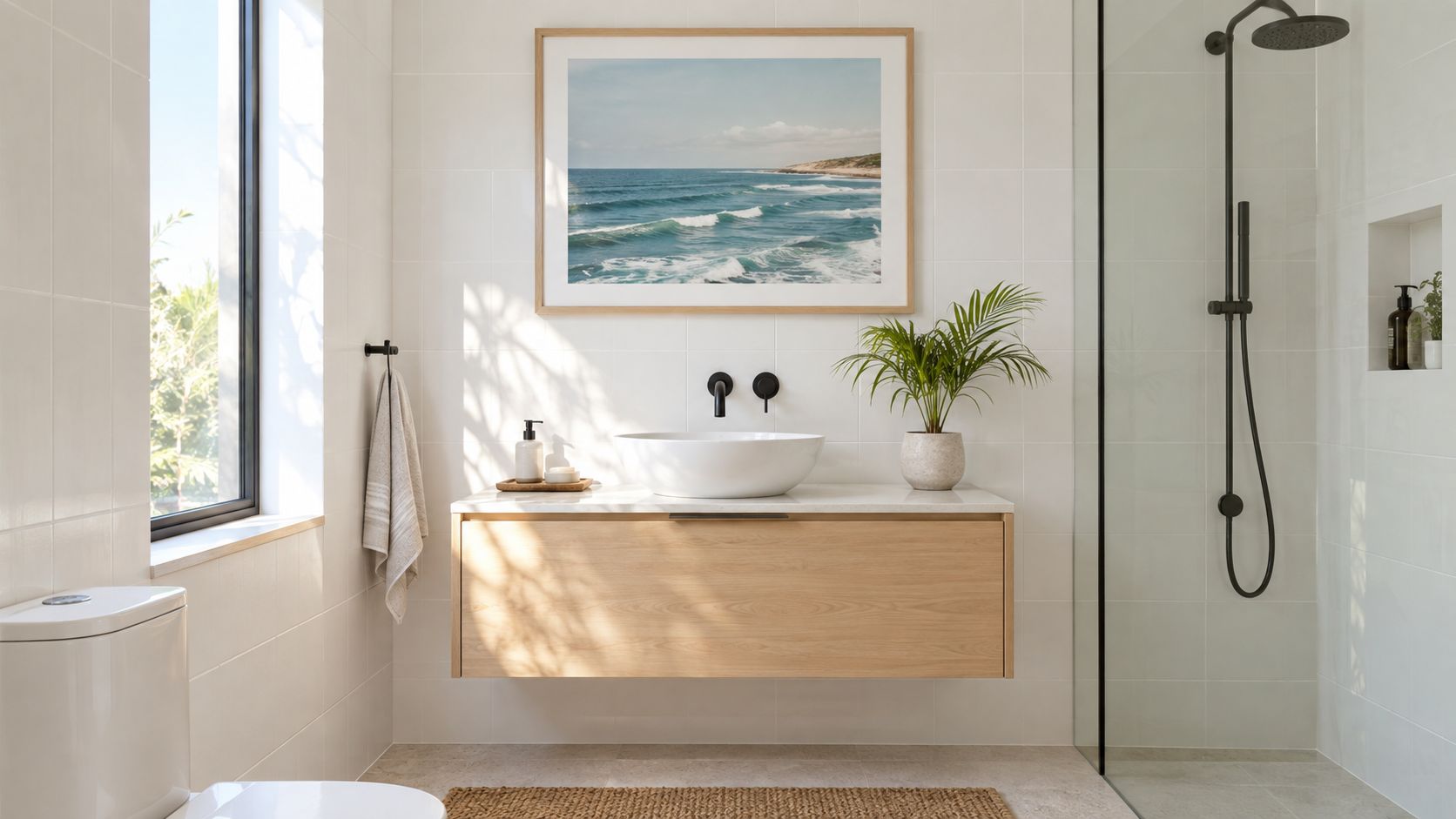A modern bathroom vanity featuring a round white vessel sink, wooden cabinet, and beach wall art.