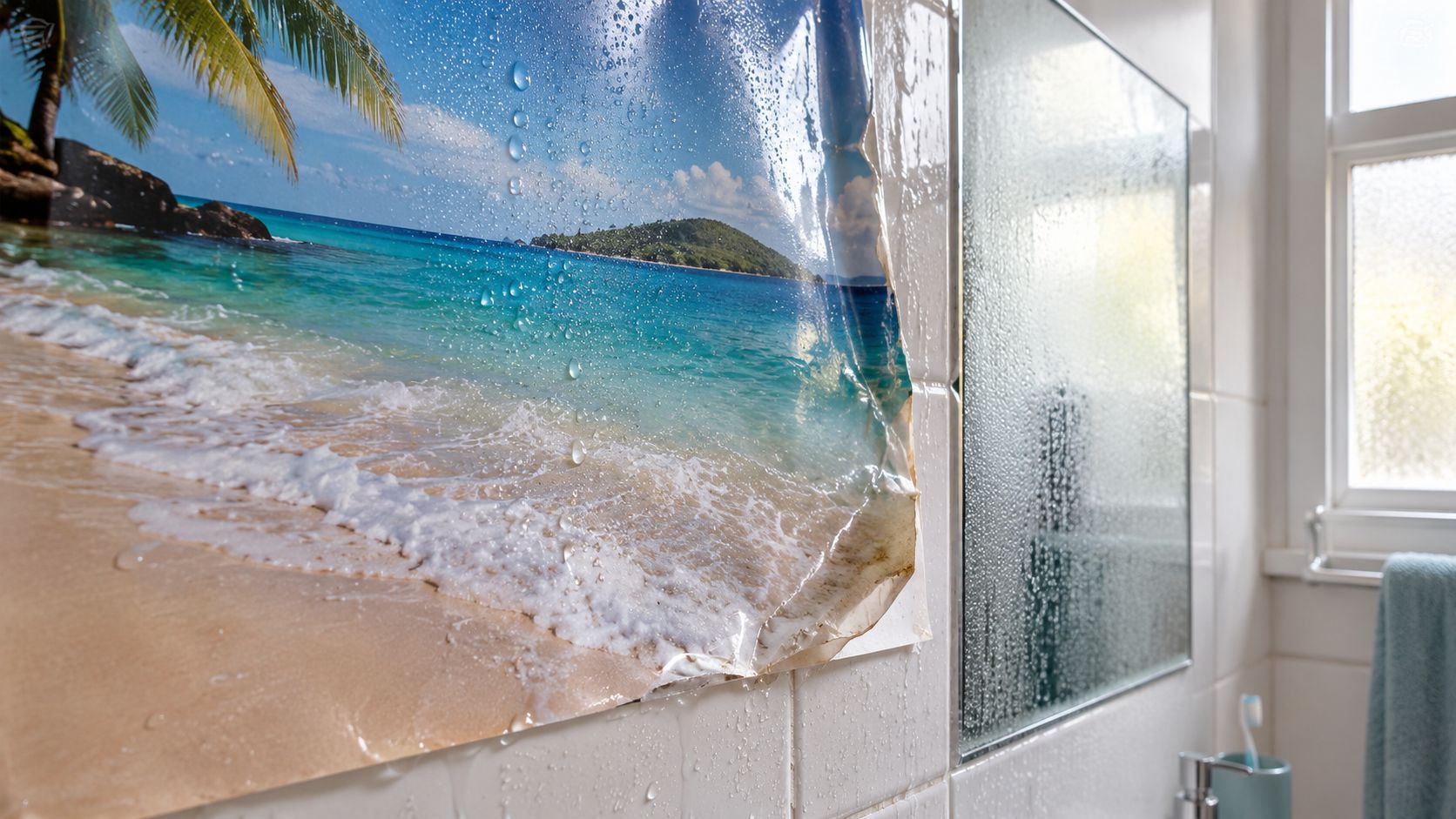 A tropical beach poster is peeling off a wet tiled bathroom wall next to a misty mirror.