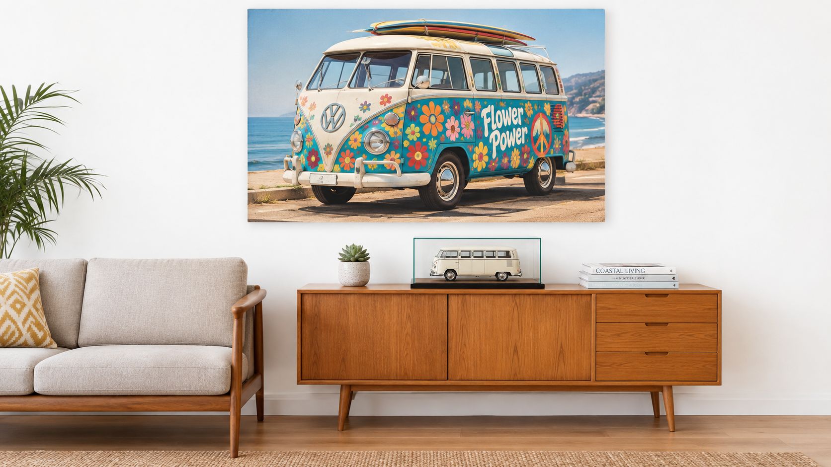 A living room interior featuring a wall art print of a vintage Volkswagen bus parked near the beach.