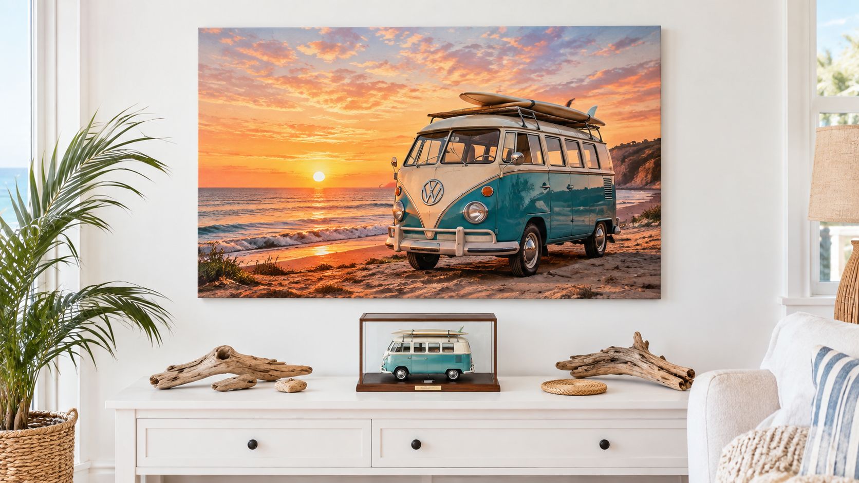 A canvas wall art of a blue Volkswagen bus on a beach displayed in a bright living room.
