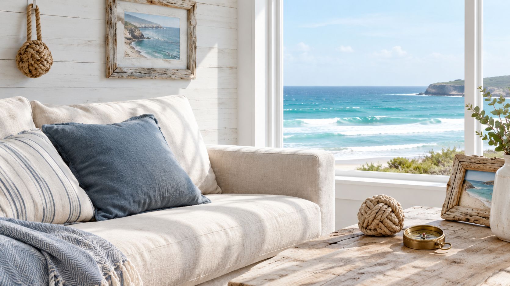A cozy coastal living room featuring a sofa with blue cushions overlooking a scenic ocean beach view.