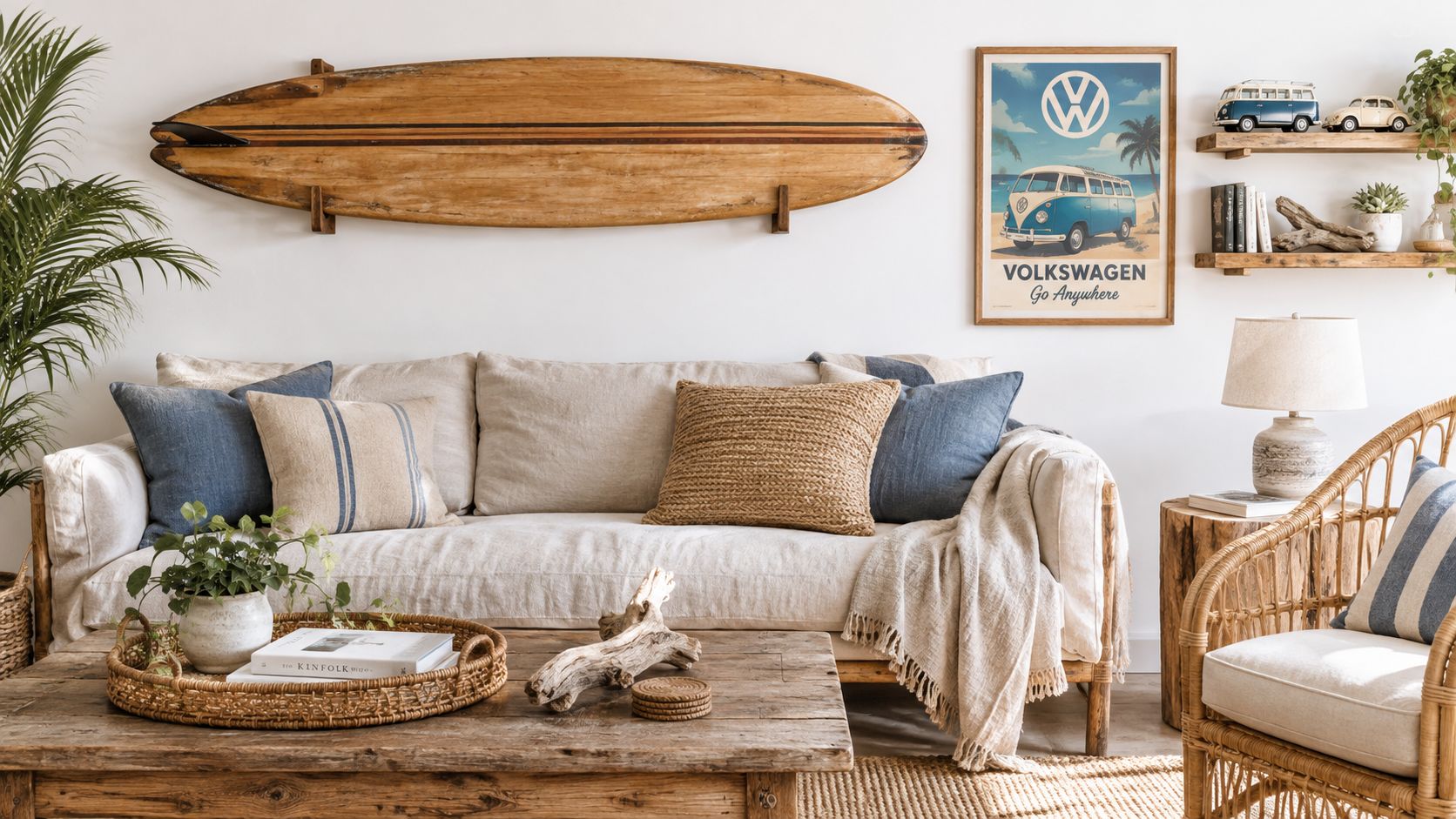 A coastal-themed living room decorated with a vintage wooden surfboard, Volkswagen poster, and natural rattan furniture accents.