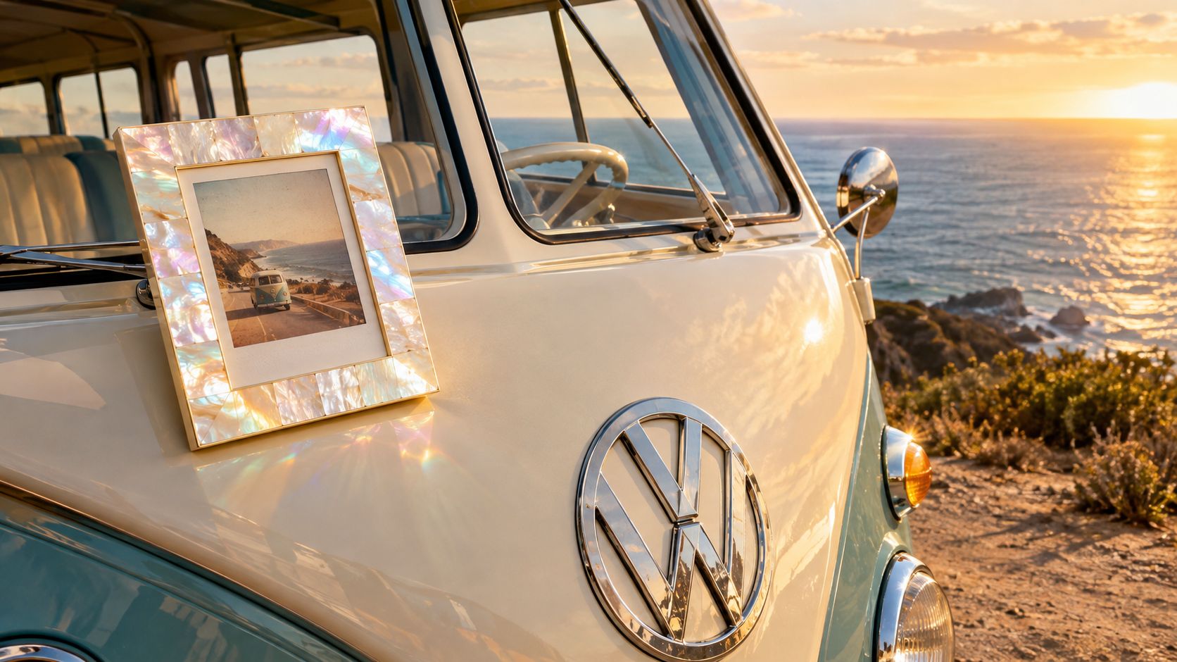 A beautiful mother of pearl photo frame resting on the hood of a vintage Volkswagen bus overlooking a scenic coastal sunset.
