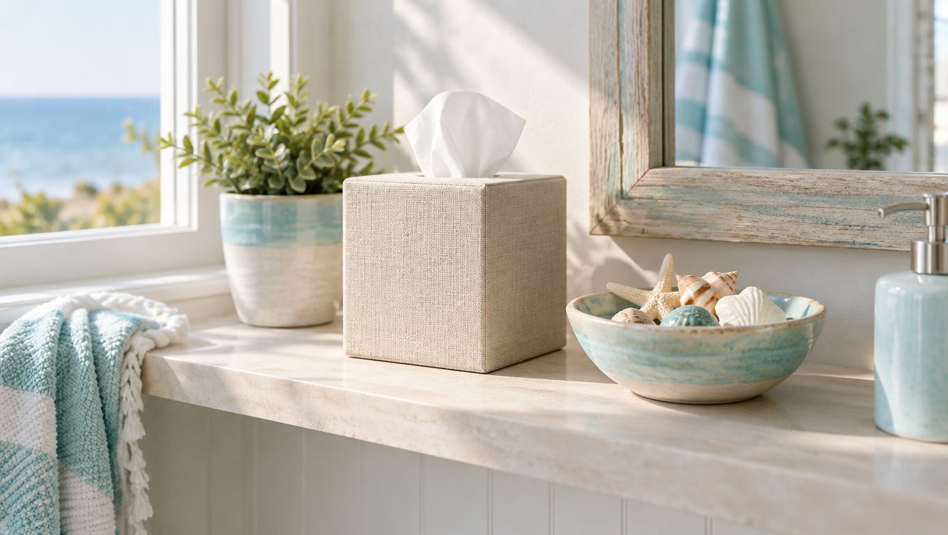 A beige square tissue box sits on a bathroom vanity with a potted plant and seashells.