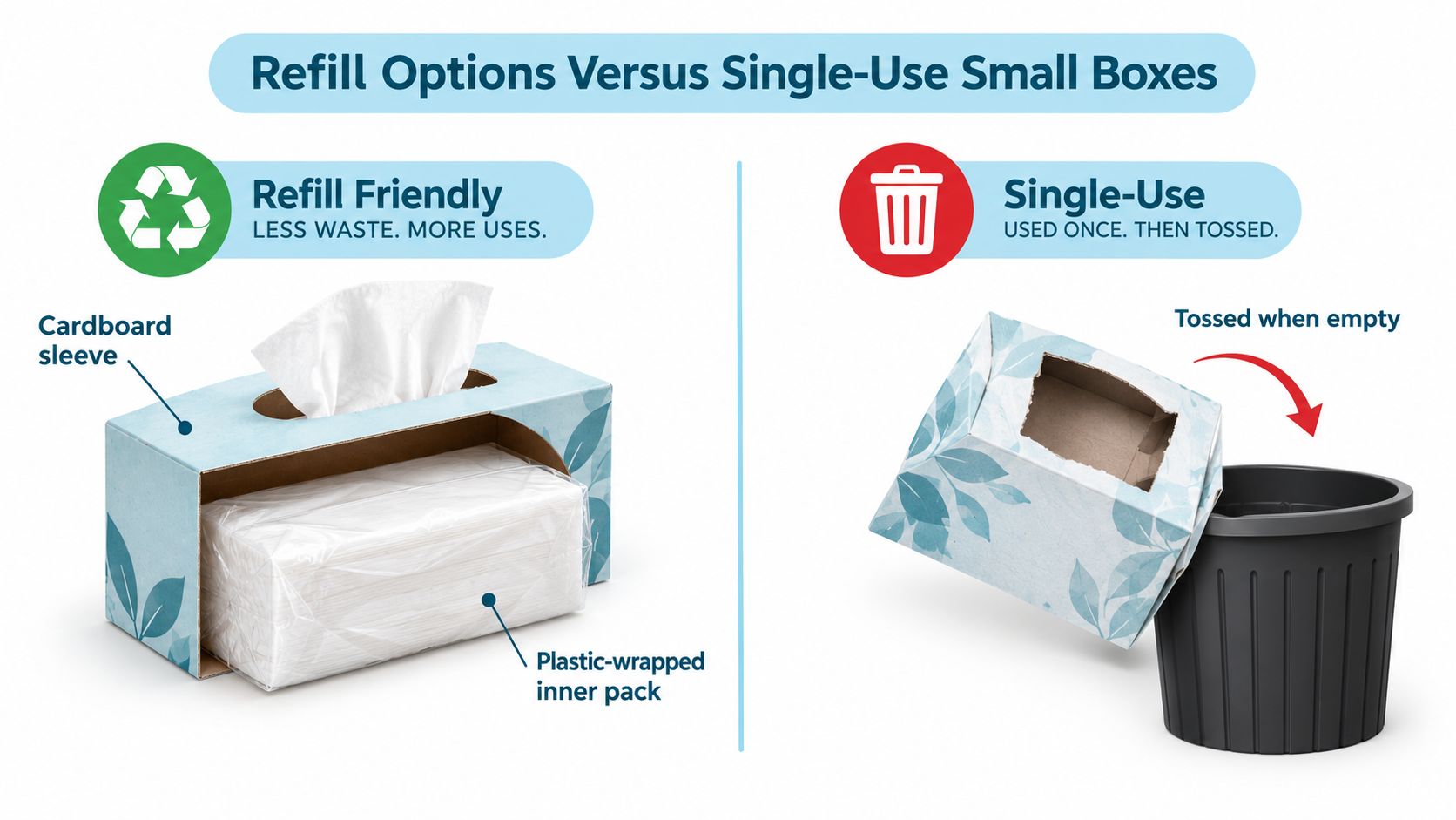 A comparison graphic showing a refillable cardboard tissue box sleeve versus a traditional single-use tissue box being discarded.