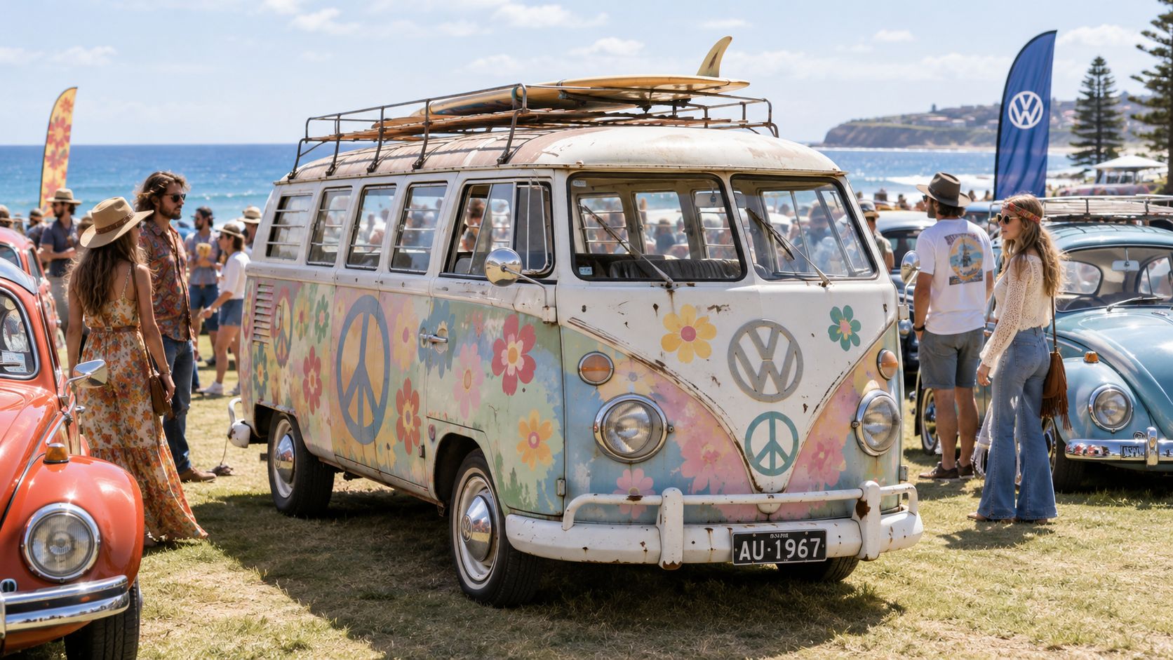A vintage Volkswagen bus decorated with colorful hippie flowers and peace signs parked at a sunny beach festival.
