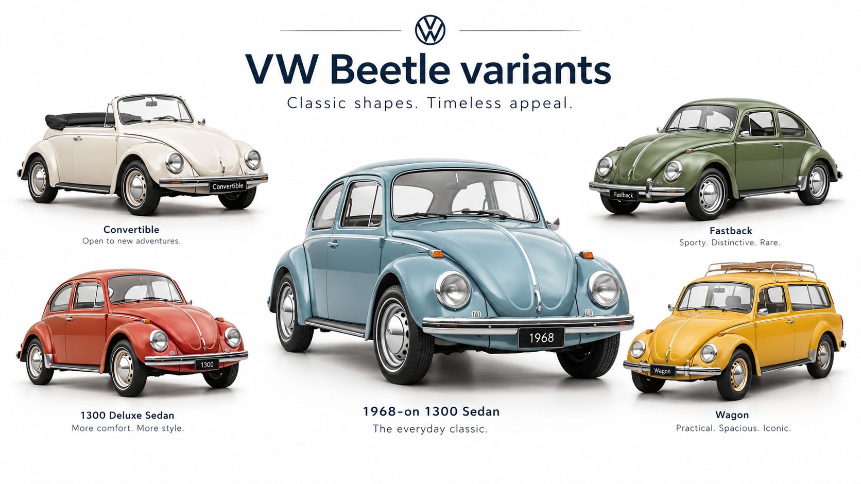 A collection of five different vintage Volkswagen Beetle diecast model cars displayed against a white background.