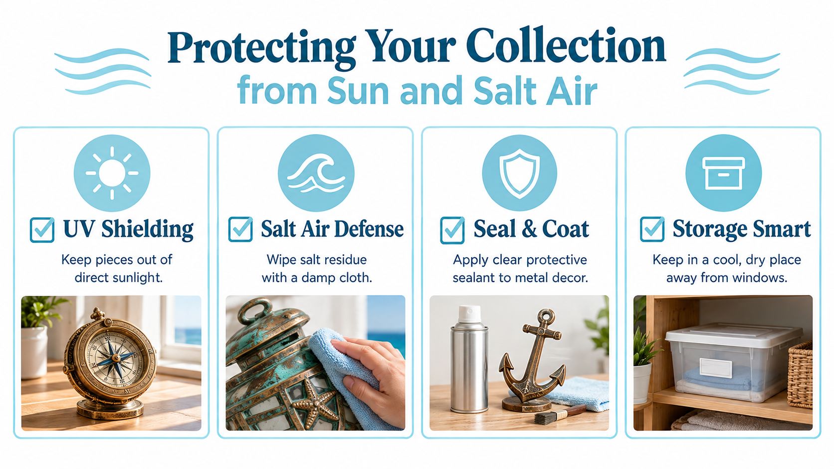 An infographic titled Protecting Your Collection from Sun and Salt Air, illustrating tips for maintaining decorative items.