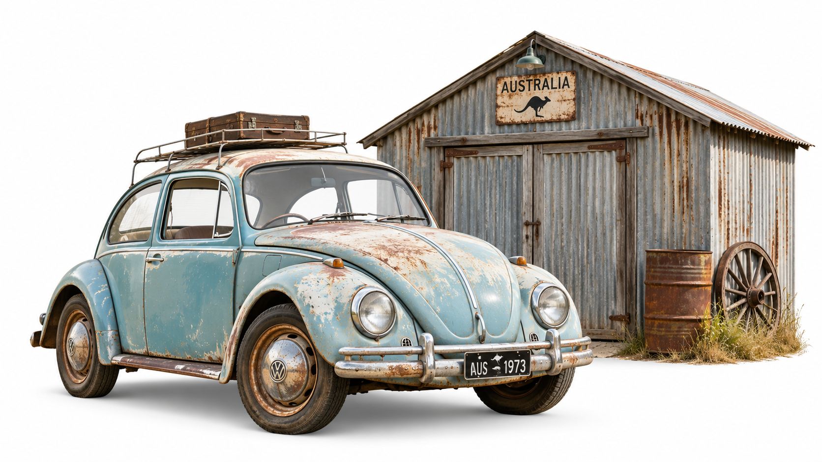 A rustic, weathered vintage blue Volkswagen Beetle parked next to a corrugated metal shed in Australia.