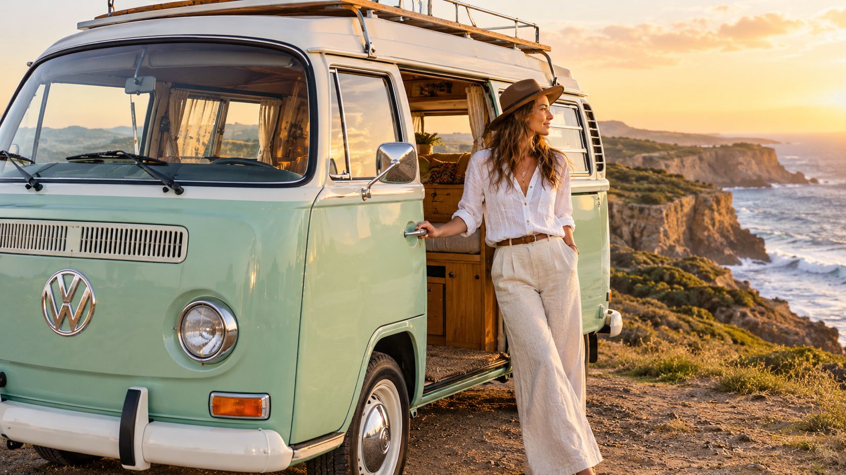 A woman in a hat and linen clothes leaning against a pastel green vintage Volkswagen campervan at sunset.