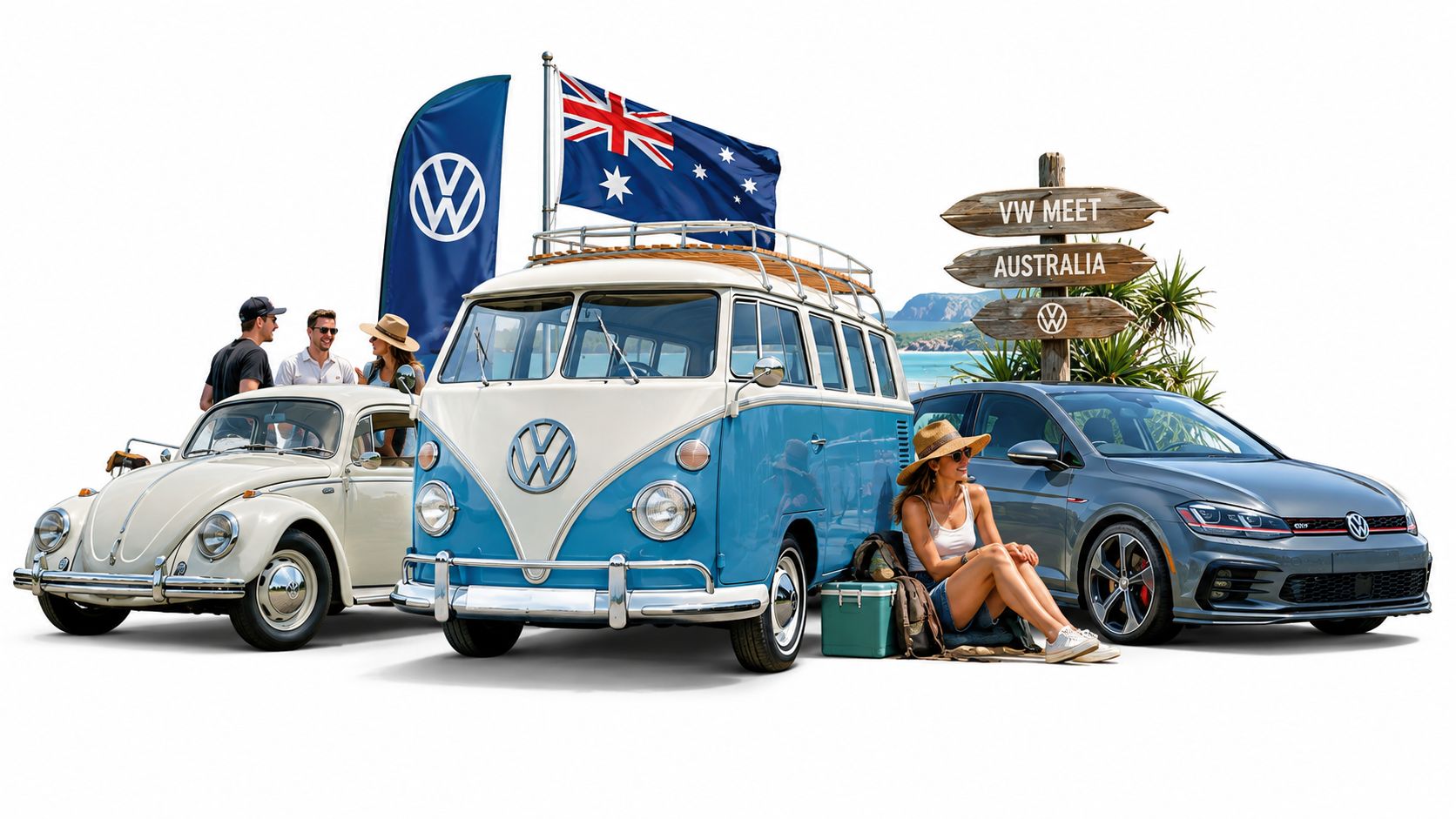 A scenic display featuring vintage and modern Volkswagen vehicles, an Australian flag, and people enjoying a beach vacation.