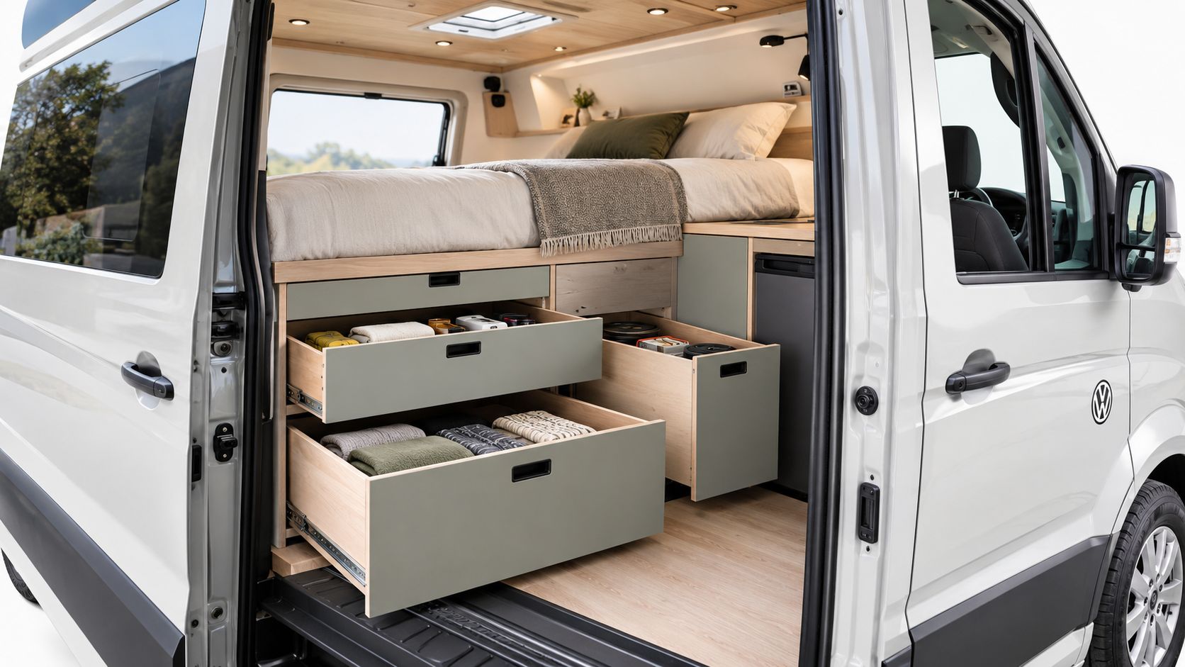 A modern, custom-built VW Crafter camper van interior featuring an organized wooden drawer system under a bed.