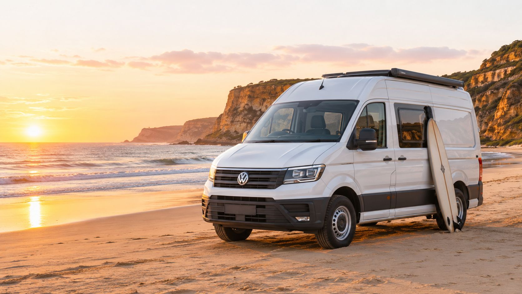 A white Volkswagen Crafter van parked on a sandy beach during a beautiful golden sunset.