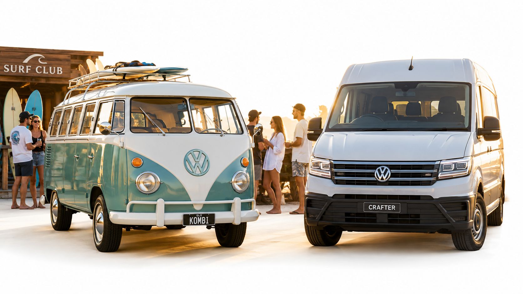 A classic vintage Volkswagen Kombi van parked next to a modern white Volkswagen Crafter van near a beach.