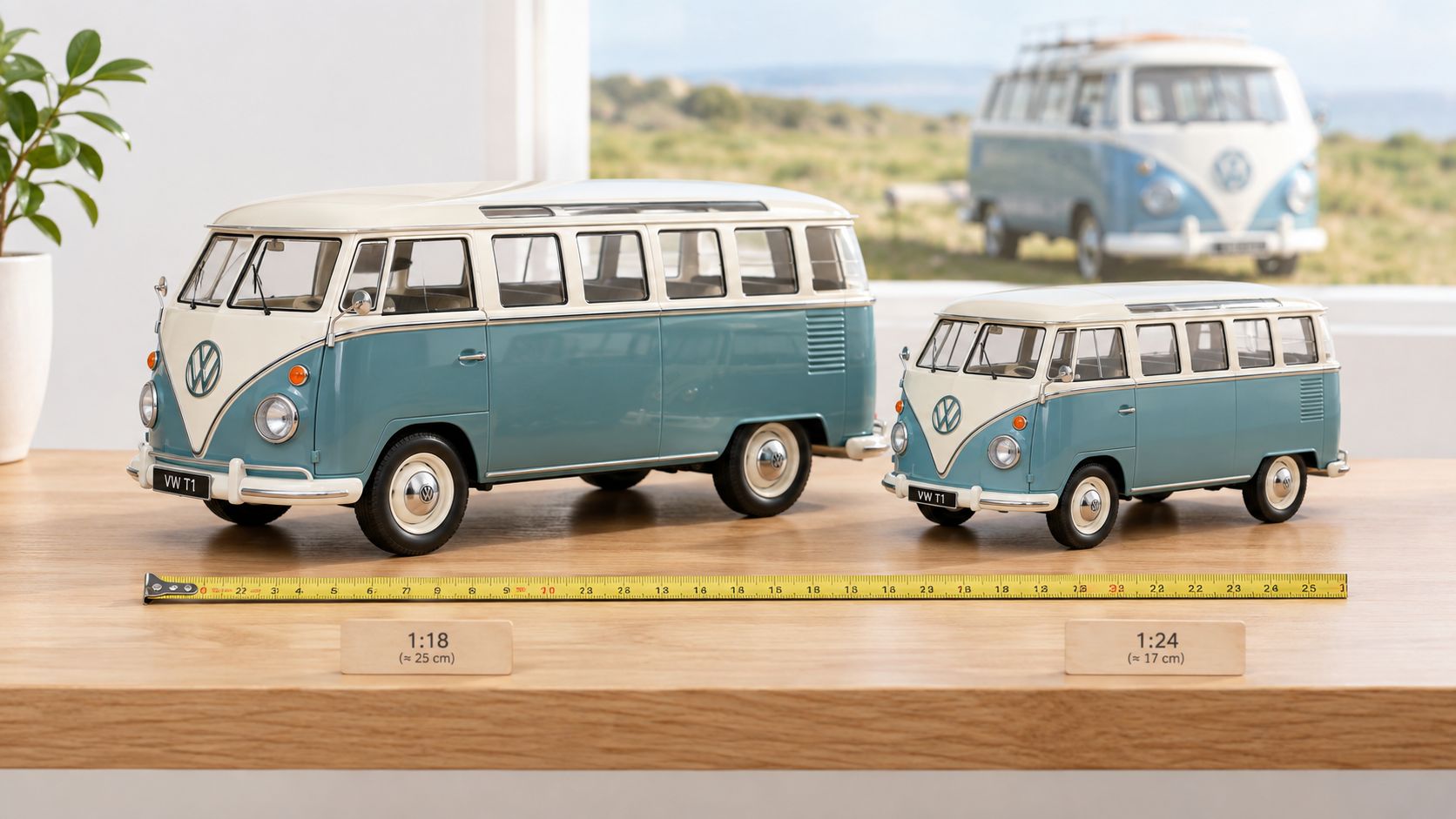 Two Volkswagen T1 van scale models displayed on a wooden surface with a measuring tape.