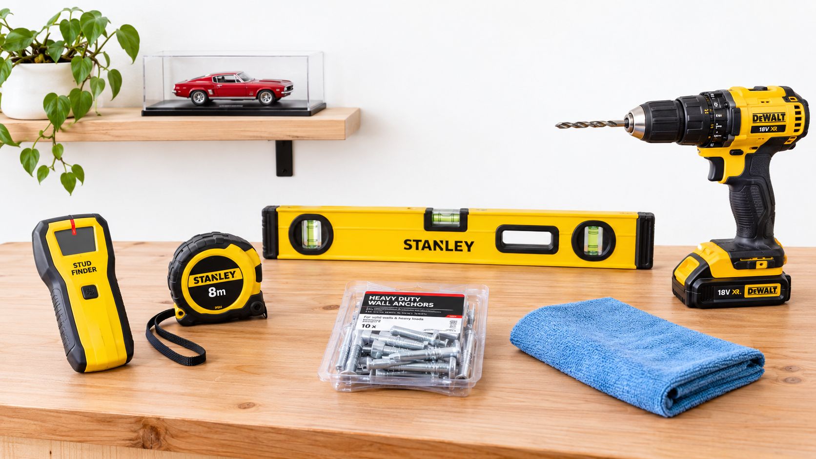 A selection of home improvement tools, including a drill, level, and tape measure on a wooden surface.