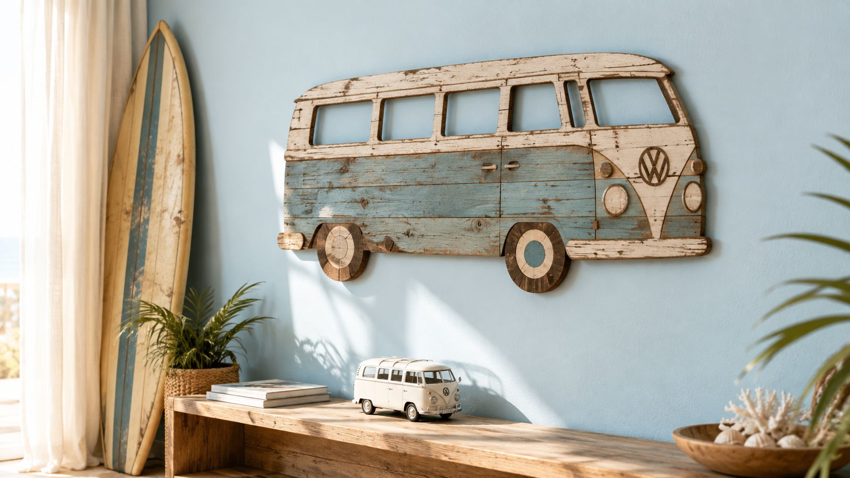 A rustic Volkswagen bus wooden wall hanging displayed above a matching toy bus on a shelf.